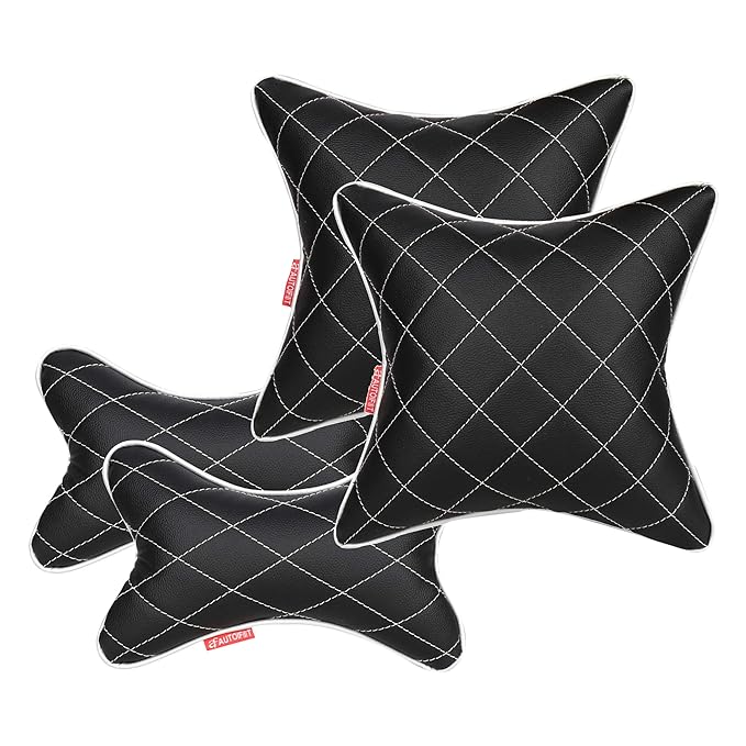 Autofit Double Quilted Combo Set/Car Neckrest Pillow + Car Cushion (Set of 4, Black and Silver)