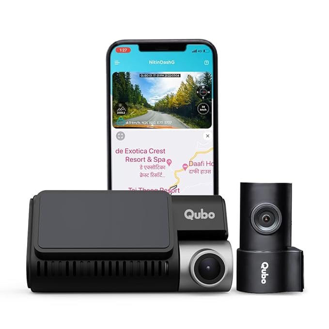 Qubo Car Dash Camera Pro 3K Dual Channel from Hero Group, Made in India, 5MP Front QHD 2MP Rear FHD, 140° View, 3.2" LCD Display, GPS Logger, Emergency Recording, Supports Up to 1 TB SD Card