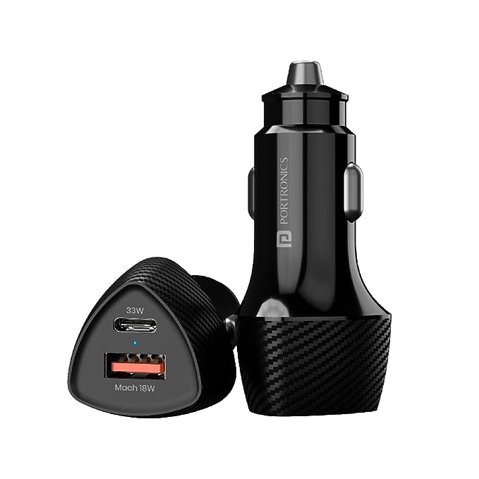 Portronics 51W Car Power 16 Fast Car Charger with Dual Output, 51 Watts Total (18W USB + 33W Type C PD),