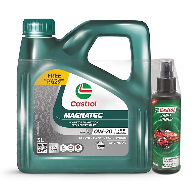 Castrol MAGNATEC 0W-20 - Full Synthetic Engine Oil for Petrol, Diesel, CNG and Hybrid Cars (3L) & Castrol 3-IN-1 SHINER for Cars and Bikes (100ML) - Combo Pack