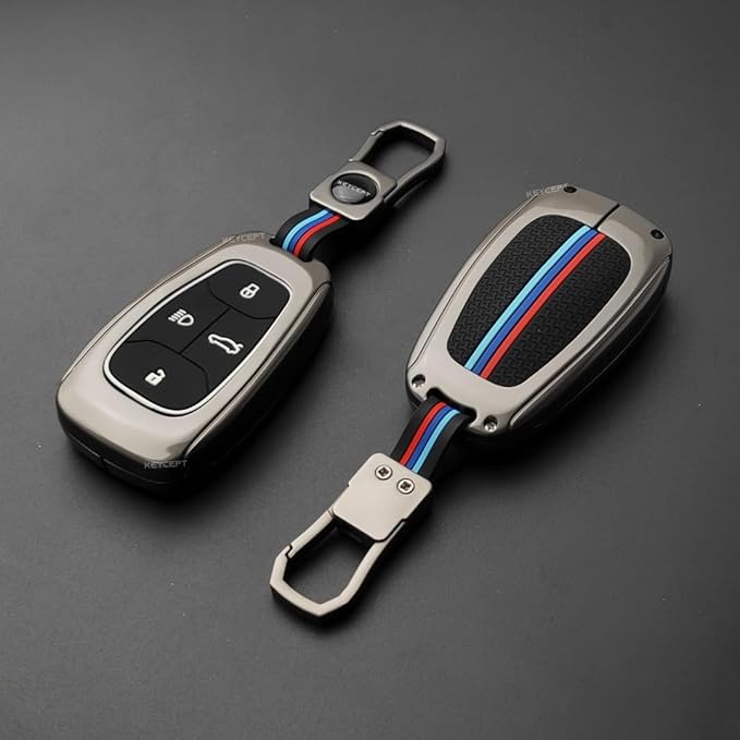 Keycept™ Metal Alloy Key Cover Compatible for Tata Nexon | Harrier | Safari | Altroz | Tigor | Punch | Tiago | EV 4 Button Smart Key.