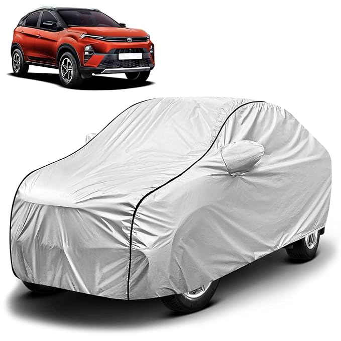 FABTEC Waterproof Car Body Cover for Tata Nexon 2024 with Mirror Pocket, Triple Stitched Non Peel Metallic Silver with Black Piping Soft Cotton Lining Car Cover (Front & Back Bottom Elastic)